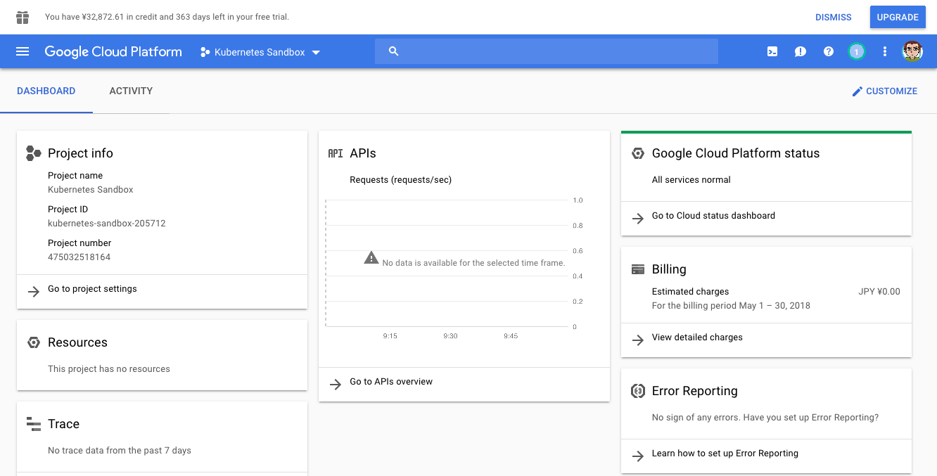 (Caption) Google Cloud Platform dashboard, with the correct project selected in top left corner.